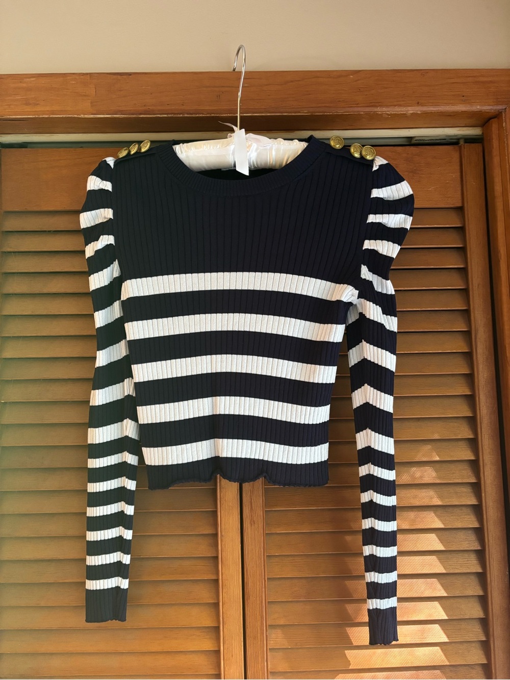 Zara white blue striped button trim puffy shoulders top